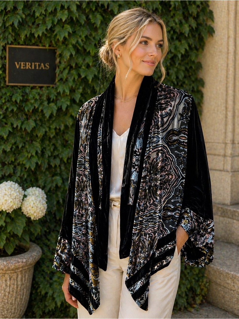 PATCHINGTON Silk Blend Velvet Semi-Sheer Burnout Draped Jacket, 8
